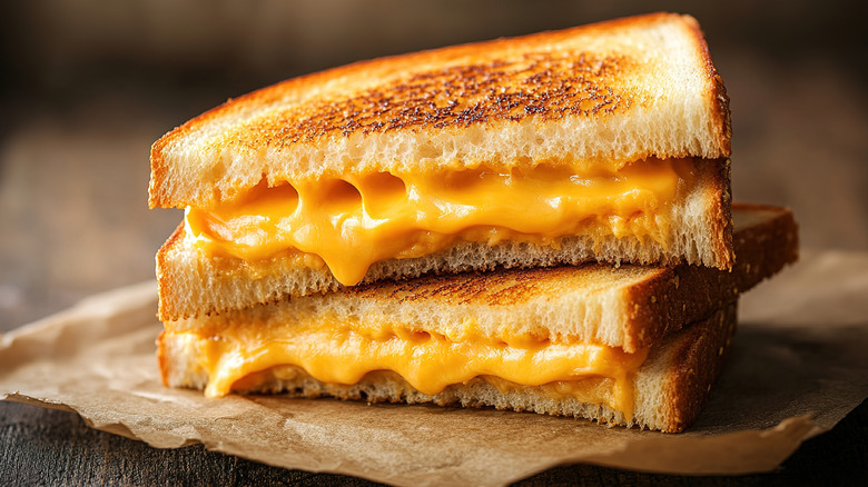 Grilled cheese sandwich stacked on plate