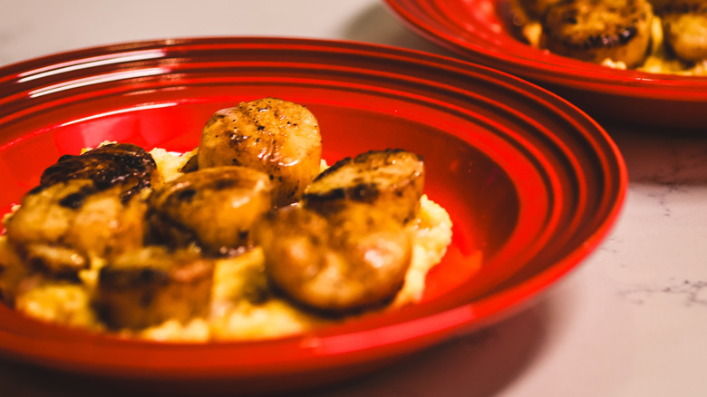 Seared scallops over polenta in red dish