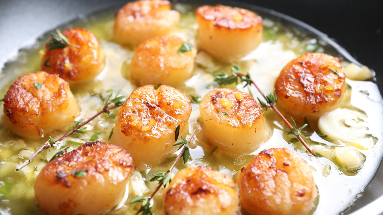 Scallops cooking in light sauce in pan