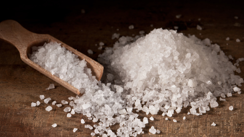 Pile of large salt crystals with wooden spoon