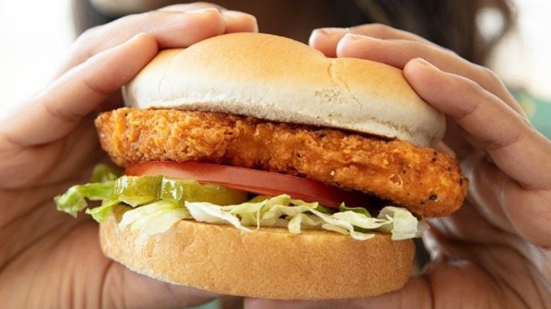 A Culver's chicken sandwich being held with two hands