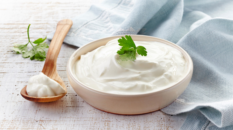 Sour cream in shallow bowl next to spoon