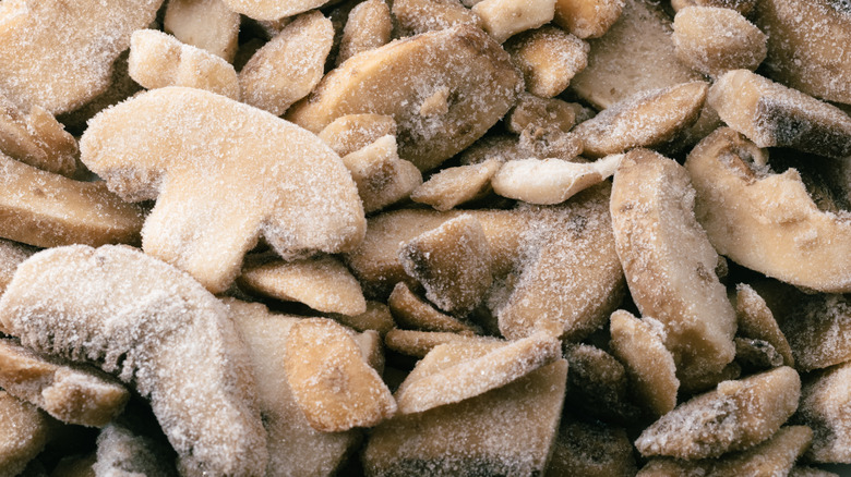 Close-up of frozen, sliced mushrooms