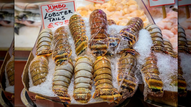 Raw lobster tails displayed on ice at fish market