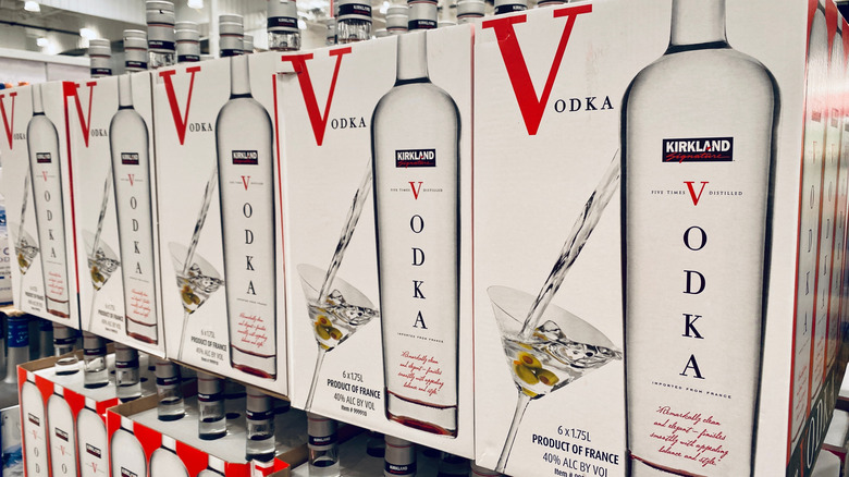 Kirkland Signature French vodka in rows displayed in a Costco