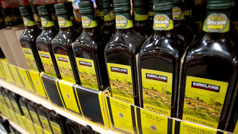 Kirkland Signature extra virgin olive oil on a shelf