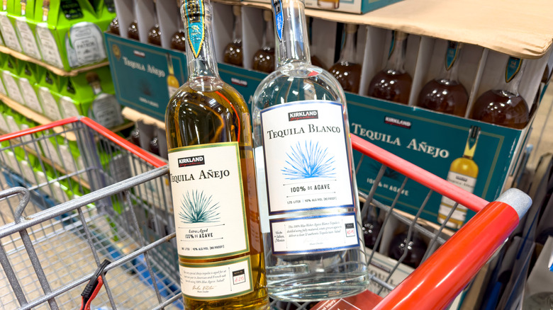 Kirkland Signature tequilas in a shopping cart