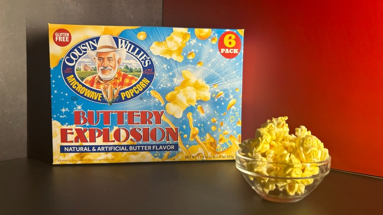 Cousin Willie's popcorn box and popcorn in clear ramekin