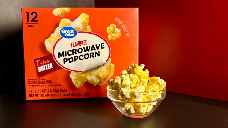 Great Value popcorn box with popcorn in clear ramekin