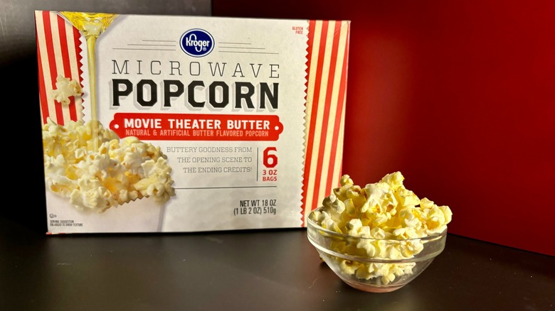 Kroger popcorn box with popcorn in clear ramekin