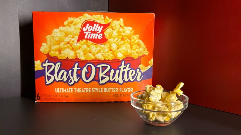 Jolly Time Blast-O-Butter box and popcorn in clear ramekin