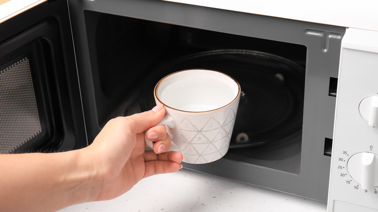 Person putting water in the microwave in a mug