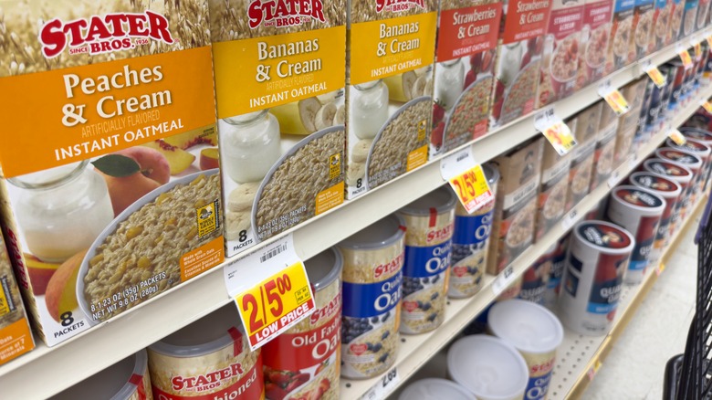 packaged oatmeal on grocery store shelves