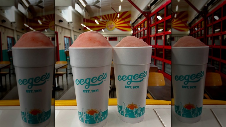 two Eegee's drinks on the counter