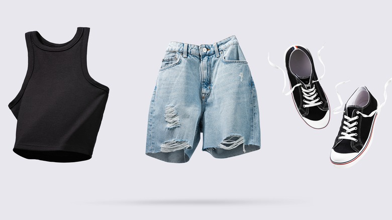 Lineup of black crop top denim shorts and black sneaker