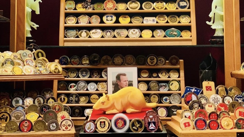 Interior of Peking Gourmet Inn and a photo of George H.W. Bush