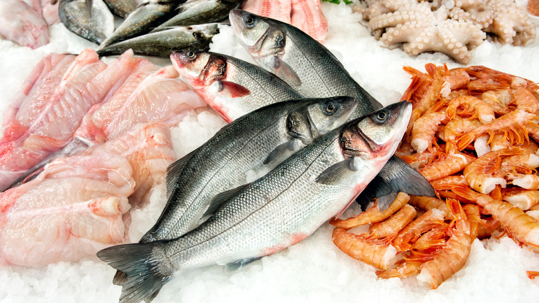 various types of seafood displayed on ice