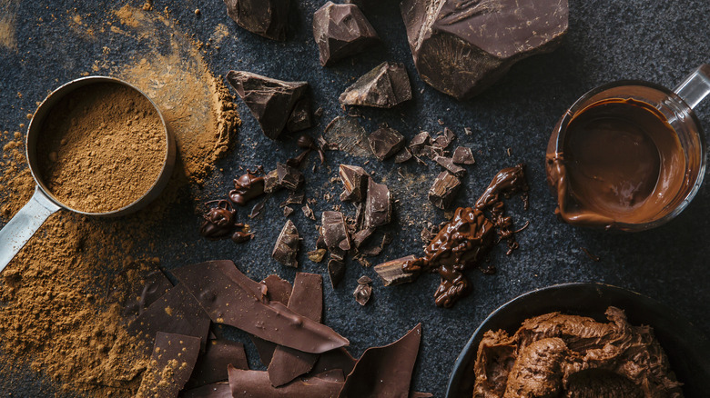 Overhead view of chocolate pieces and cocoa powder