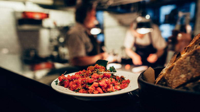 A plate of steak tartare ready to serve in a restaurant