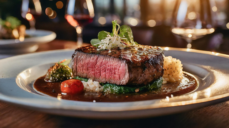 Plated rare steak on restaurant table