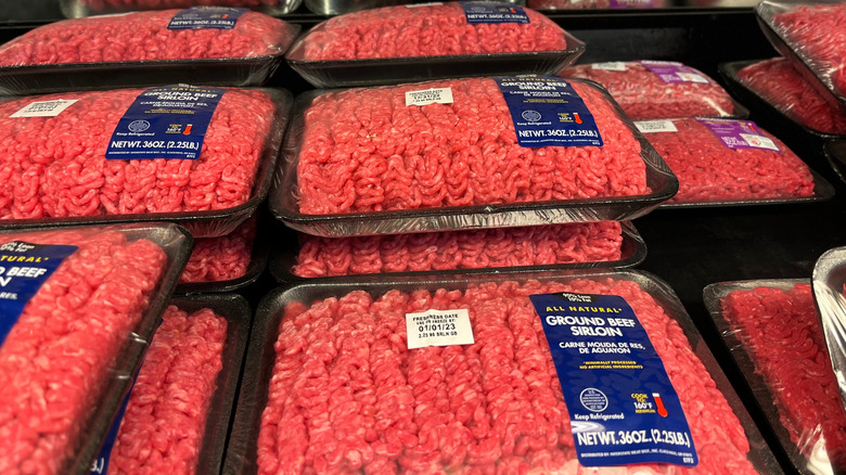 Packs of ground beef in store