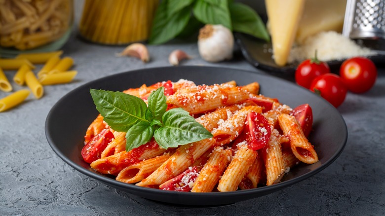 Pasta with basil leaves