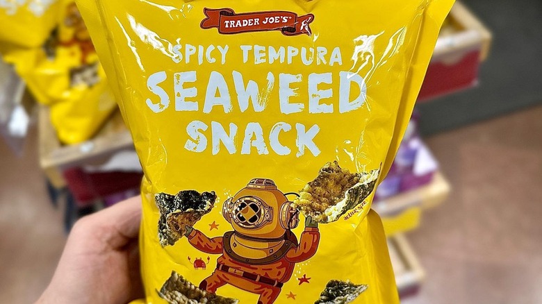 Bag of Trader Joe's Spicy Tempura Seaweed Snack in a grocery store