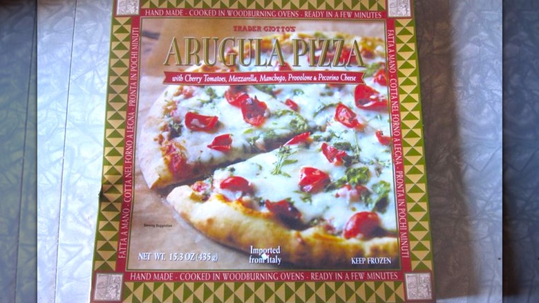 Trader Joe's arugula pizza box on countertop