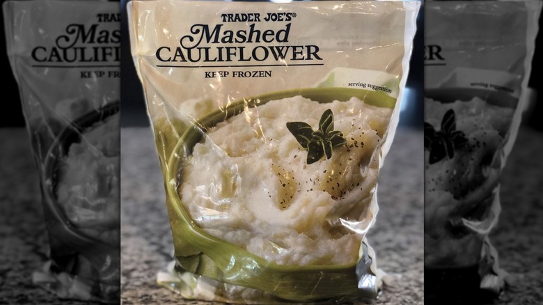 Trader Joe's Mashed Cauliflower bag on countertop