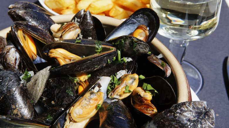 Mussels with fries and wine