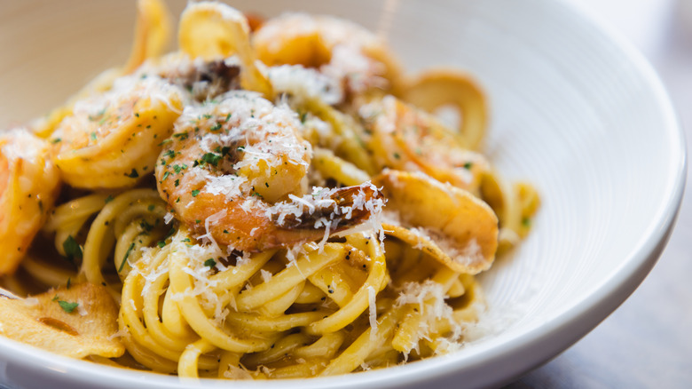 Pasta topped with shrimp