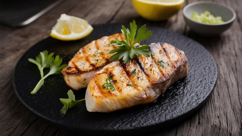 Grilled swordfish steaks with lemon wedge