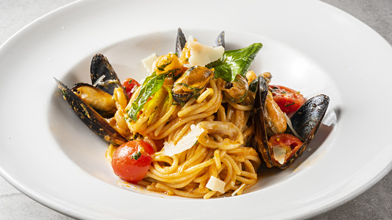 Seafood dish with mussels and pasta