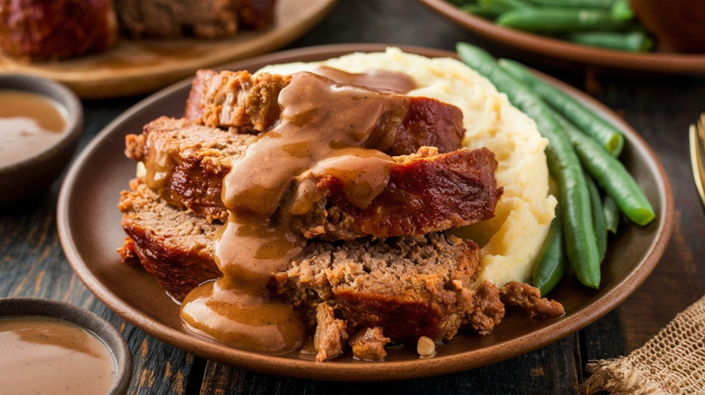 Sliced meatloaf covered in gravy with mashed potatoes