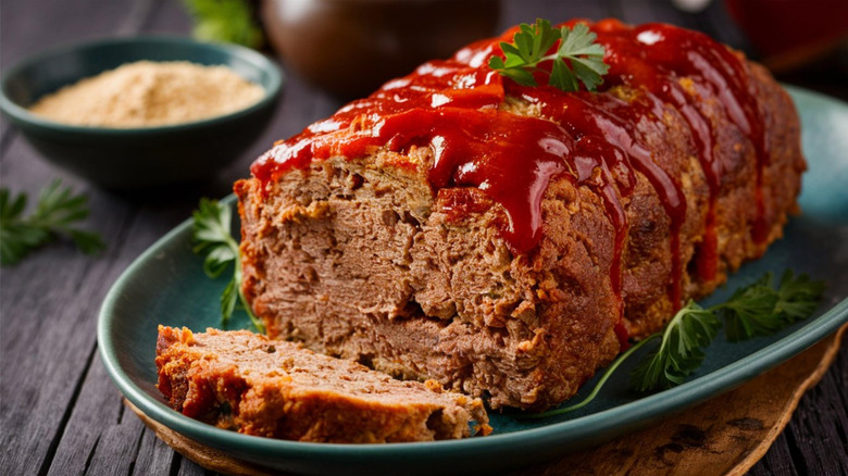 Meatloaf covered in ketchup