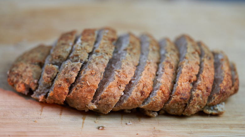 Sliced, dry-looking meatloaf