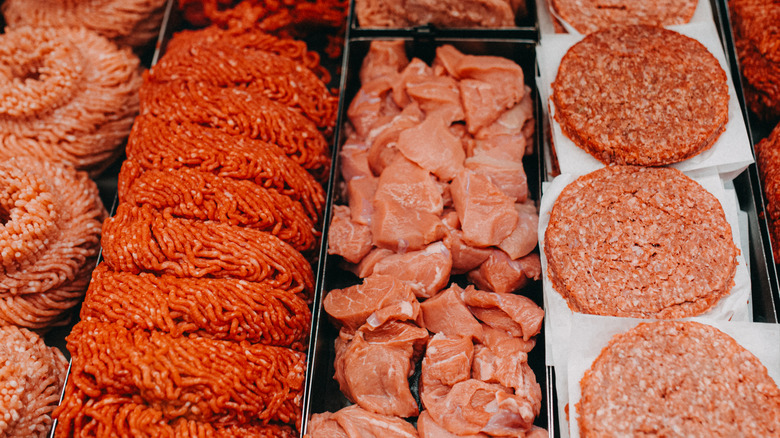 Cuts of beef in a butcher display