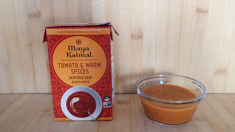 A carton of Maya Kaimal tomato soup