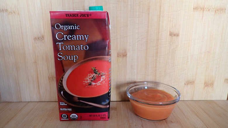 A box of Trader Joe's creamy tomato soup