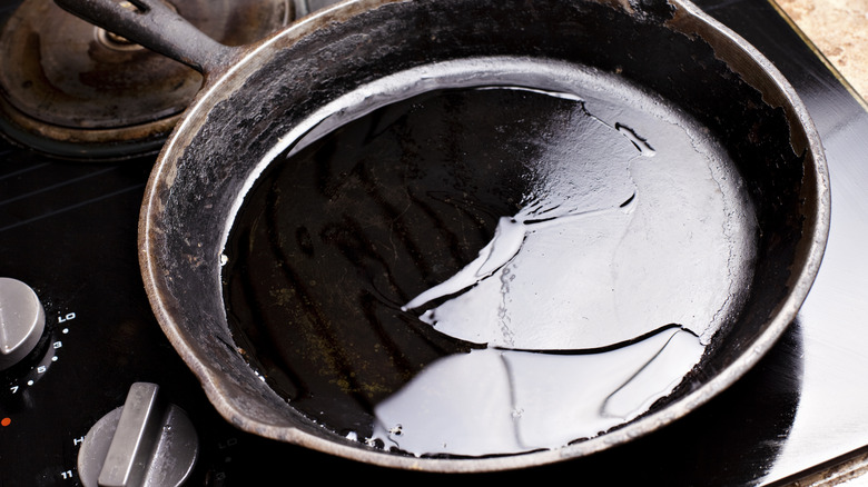 Oil in a cast-iron pan