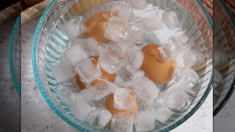 Hard-boiled eggs in ice bath