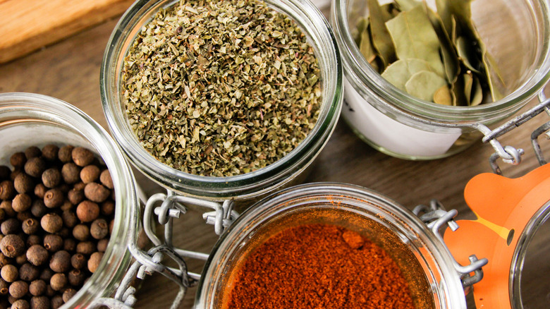 Herbs and spices in jars