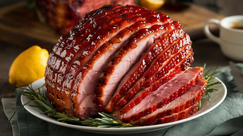 glazed ham sliced on a plate