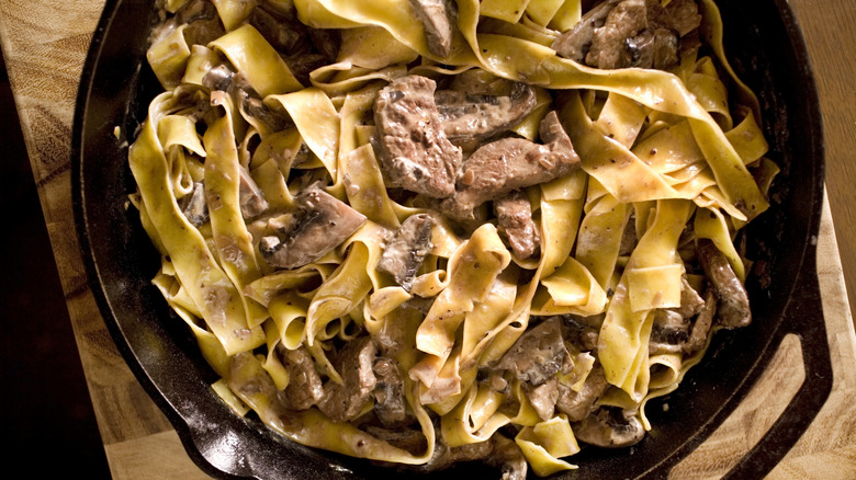 Plate of stroganoff with noodles