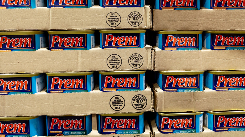 Stacked cans of Prem