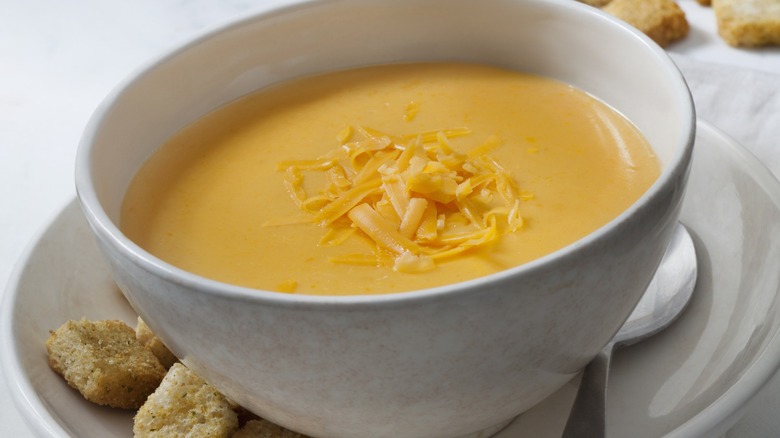 cheese soup in white bowl