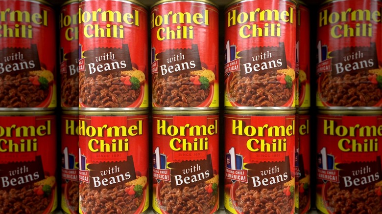 Hormel Chili cans on shelf