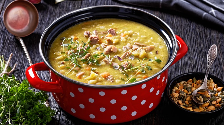 soup in red polka dot pan