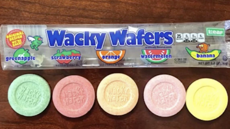 Wonka Wacky Wafers candy and wrapper on wood