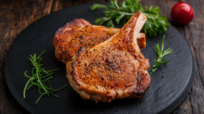 Two pork chops on a black serving platter with garnish